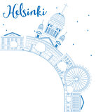 Outline Helsinki skyline with blue buildings and copy space.