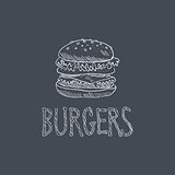 Burger Sketch Style Chalk On Blackboard Menu Item