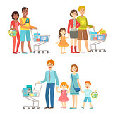 Families With Shopping Carts In Supermarket