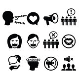 Freedom of speech, human rights, freedom of expression, censorship concept - vector icons set