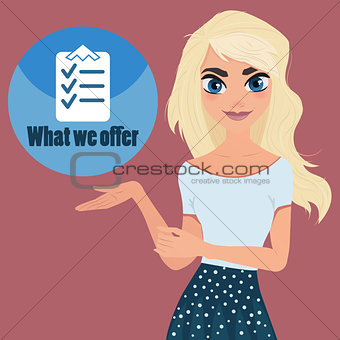 Beautiful woman shows special offer or checklist