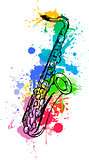 Jazz hand drawn saxophone. colored with paint splats in white background