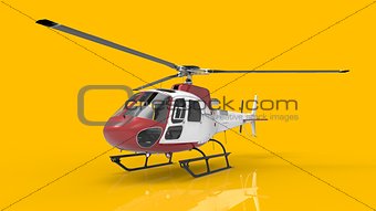 Red-white civilian helicopter on a yellow uniform background. 3d illustration.