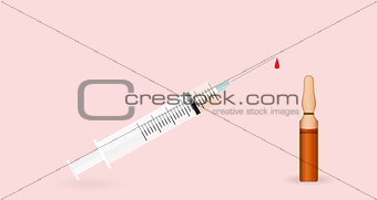 Syringe with Transparent ampoule with substance on pink backgrou