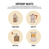 Vector design template with thin line icons of coffeeshop. Flat  graphic.
