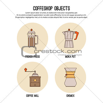 Vector design template with thin line icons of coffeeshop. Flat  graphic.