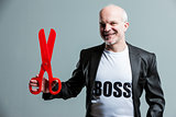 Smiling senior businessman wearing a Boss t-shirt