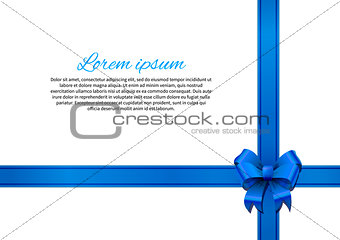 White post card with blue bow and ribbon