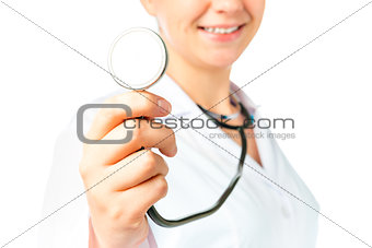 stethoscope in focus. Shooting nurse on a white background