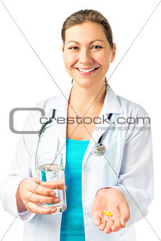 Happy doctor and medicines for the patient