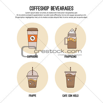 Vector design template with thin line icons of list coffee drinks. Flat  graphic.