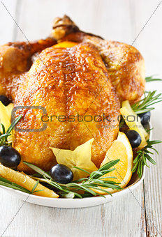Whole roasted chicken.