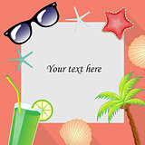 Summertime traveling template with beach summer accessories. Summer template for the text frame. vector illustration.