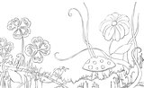Flowers, grass and mushroom on the meadow. Coloring book.