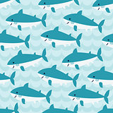 Seamless pattern with flock of cute cartoon sharks