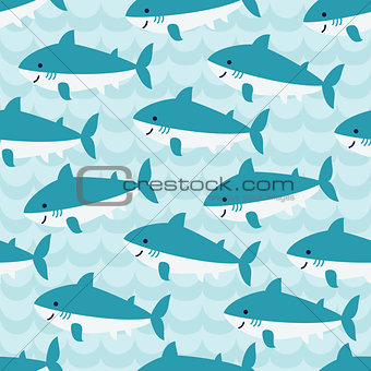 Seamless pattern with flock of cute cartoon sharks