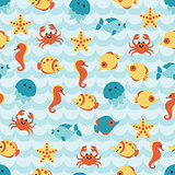 Seamless pattern with cute sea animals on blue wave background.