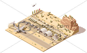 Vector isometric low poly desert airport terminal building and control tower with humanitarian cargo airplane landing on dust airstrip, trucks unloading boxes by forklifts in hangar