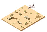 Vector isometric low poly infographic element representing military surface-to-air missile defense system on the desert and jet fighter aircraft flying in flight