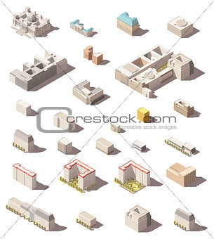 Vector isometric minimalistic low poly icon set or map infographic elements city buildings, homes and offices