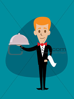 waiter holding a serving platter or silver cloche 