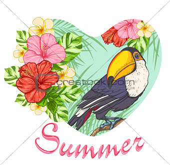 Pink tropical flowers and toucan