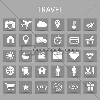 Vector flat icons set and graphic design elements. Illustration with travel, tourism outline symbols.