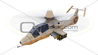 Modern army helicopter in flight with a full complement of weapons on a white background. 3d illustration.