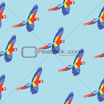 Seamless pattern parrot ara on blue