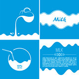 Milk flows from jug. Spray drops and white wave on blue background