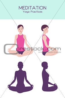 Meditating woman vector set