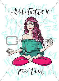 Meditating woman hand drawn