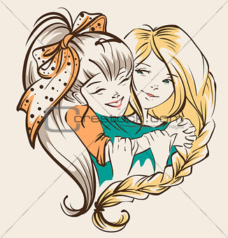 Girl hugging girlfriend. Two happy sisters