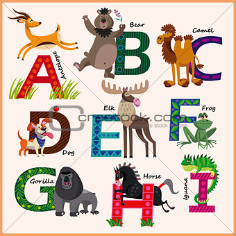 Kids vector Zoo alphabet with animals. Part 1.