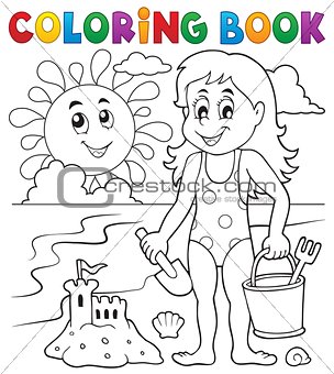 Coloring book girl playing on beach 1