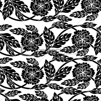 Seamless vector background, wallpaper, floral ornament with leaves and flowers.