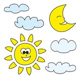 Sun, moon and clouds - weather cartoon icons vector illustrations isolated on white background