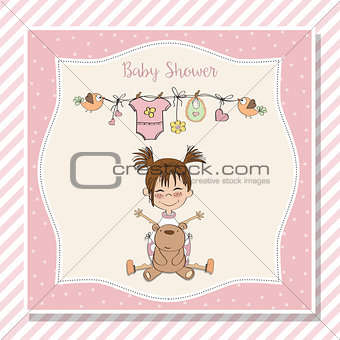 baby girl shower card with little girl and her teddy bear