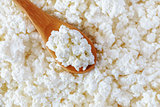 crumbly cottage cheese in the wooden spoon