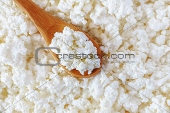crumbly cottage cheese in the wooden spoon