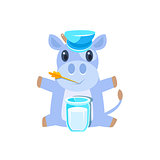Cow In Hat Sitting With Glass Of Milk