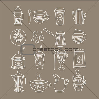 Coffee Related Sketch Drawings Set
