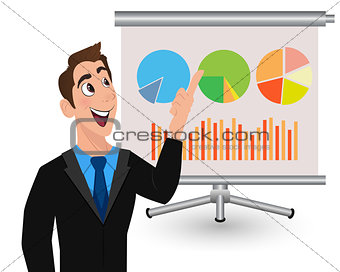 Happy young man shows presentation on projection screen