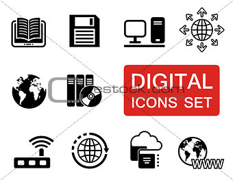 digital icons set with red signboard
