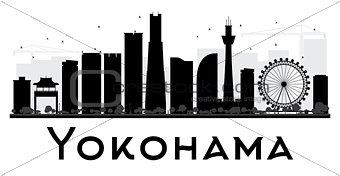 Yokohama City skyline black and white silhouette. 