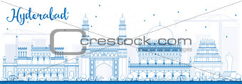 Outline Hyderabad Skyline with Blue Landmarks. 