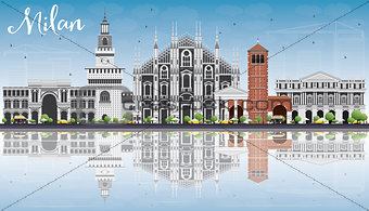 Milan Skyline with Gray Landmarks, Blue Sky and Reflections.