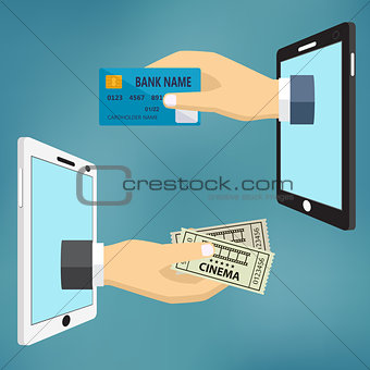 Hands with credit card and cinema tickets.