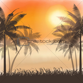 Silhouettes of palm trees on watercolor sunset