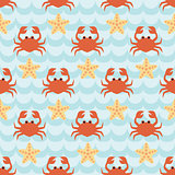 Seamless pattern with flock of cute cartoon crabs and starfishes